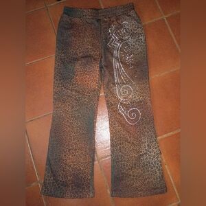 Praying Brown Cheetah Rhinestone Loung  Flare Pants  Rhinestone 100% Cotton